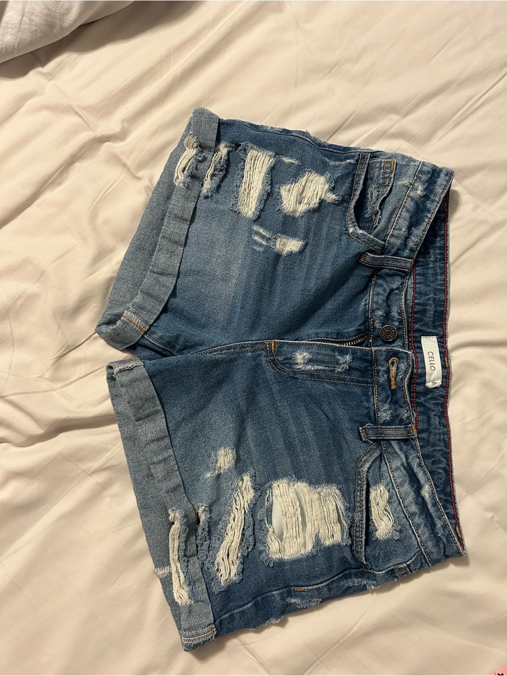 Cello Distressed Rolled-Hem Denim Shorts - Blue